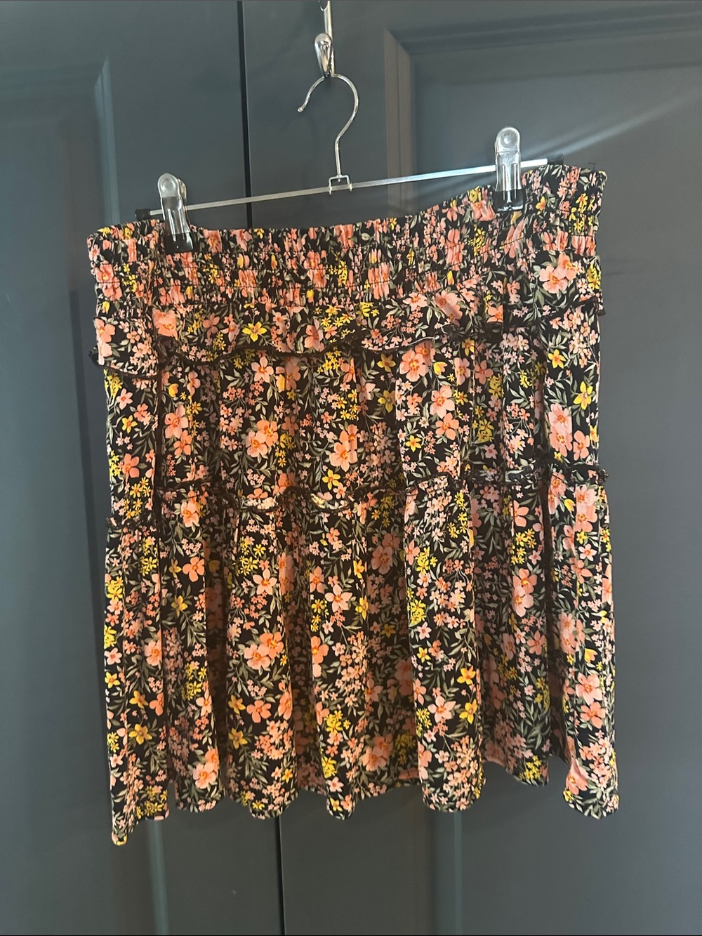 American Eagle Outfitters Black Mini Skirt with Pink & Yellow Floral Print